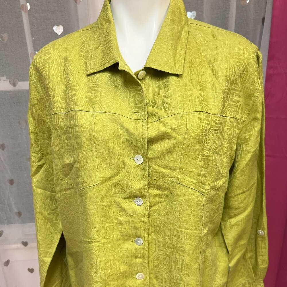 #144 Chico's Green Yellow Textured Button-Down Dress Shirt Size 3 (16)